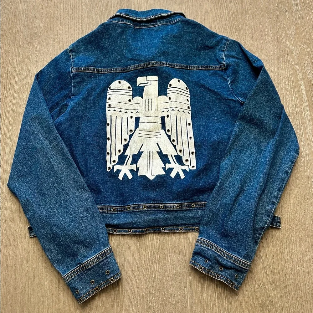 Wayne Rogers Denim Jacket Medium Eagle Back Grommet Toggle Moto Western Y2K - Picture 2 of 7